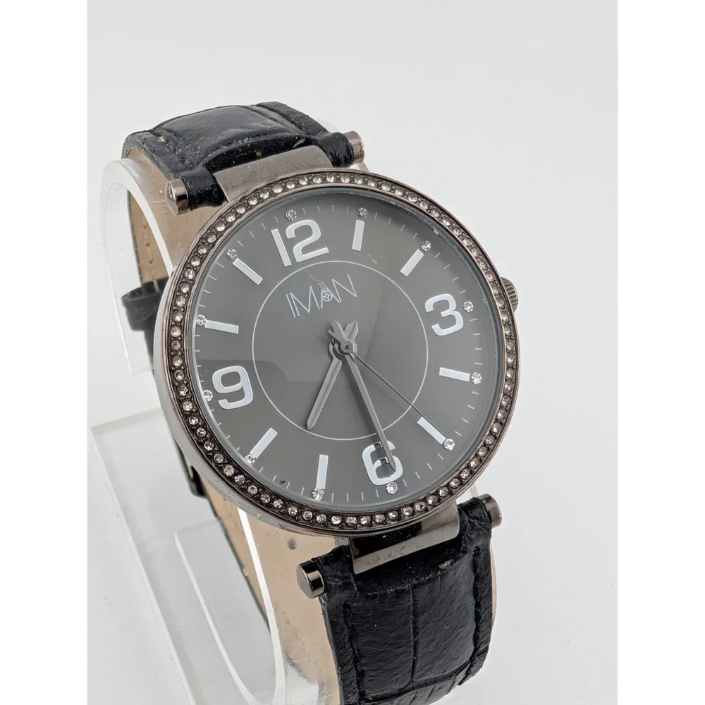 IMAN Women's Watch 36mm Case Crystal Bezel Black Leather Band- New Battery